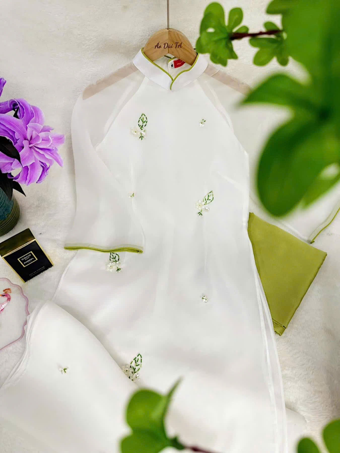 White Chiffon Ao Dai - White Floral Beaded Vietnamese Ao Dai