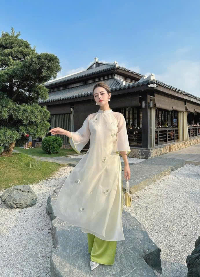 White Chiffon Ao Dai - White Floral Beaded Vietnamese Ao Dai