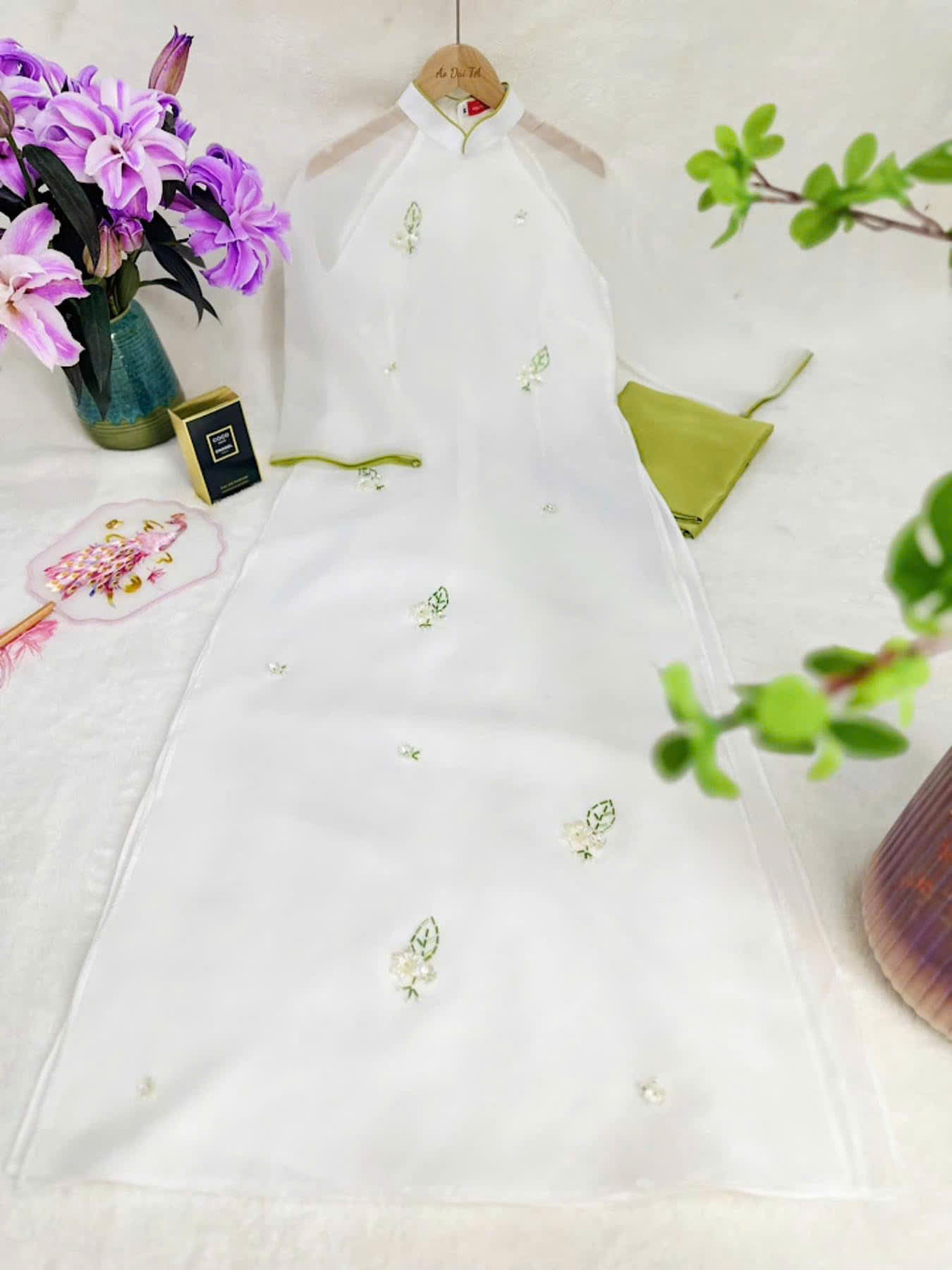 White Chiffon Ao Dai - White Floral Beaded Vietnamese Ao Dai