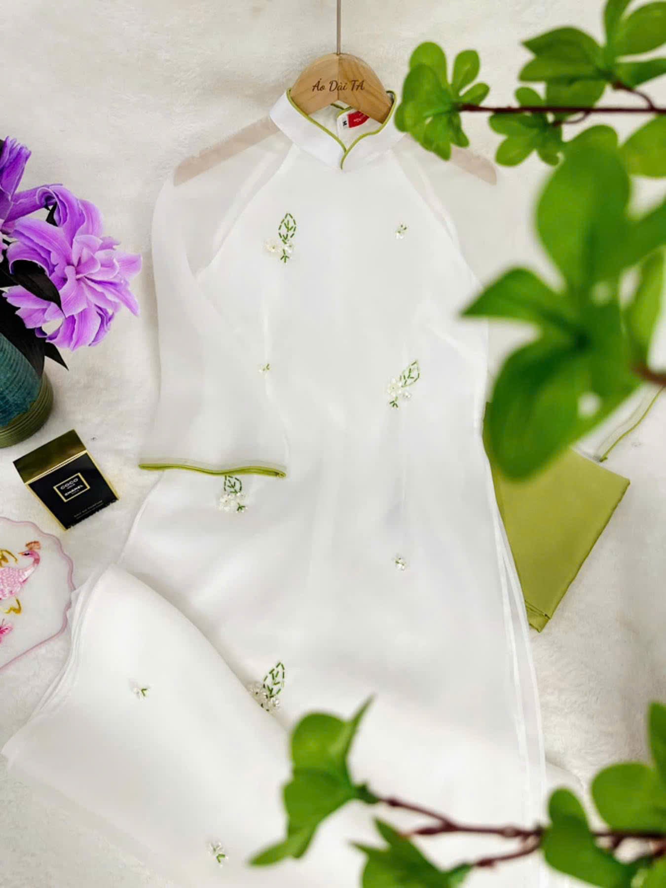 White Chiffon Ao Dai - White Floral Beaded Vietnamese Ao Dai