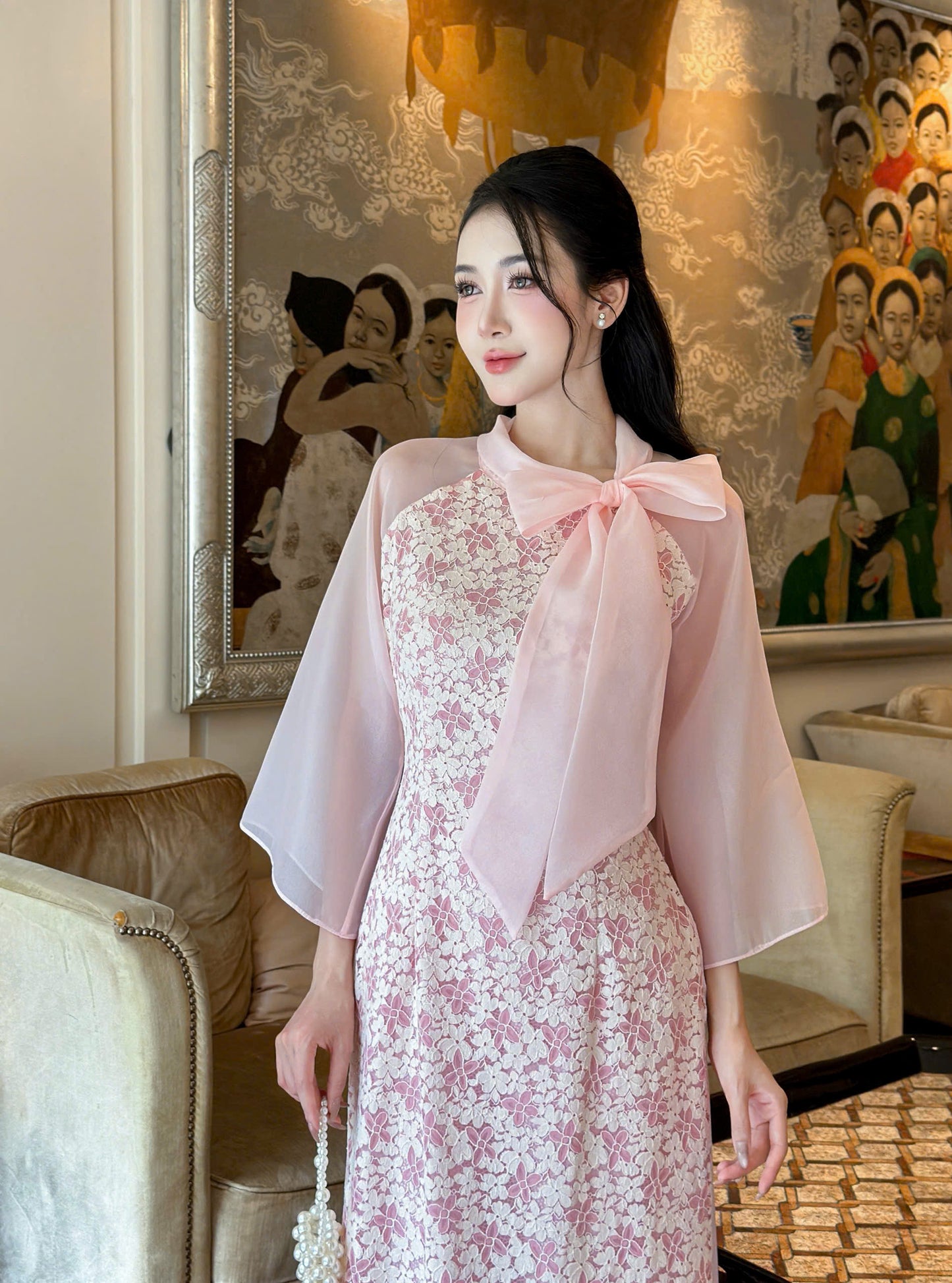 YEN CHI Ao Dai | Pink Floral embroidery Lace Ao Dai | Modern Vietnamese Ao Dai