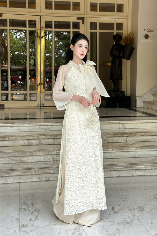 YEN CHI Ao Dai | Cream Floral embroidery Lace Ao Dai | Modern Vietnamese Ao Dai