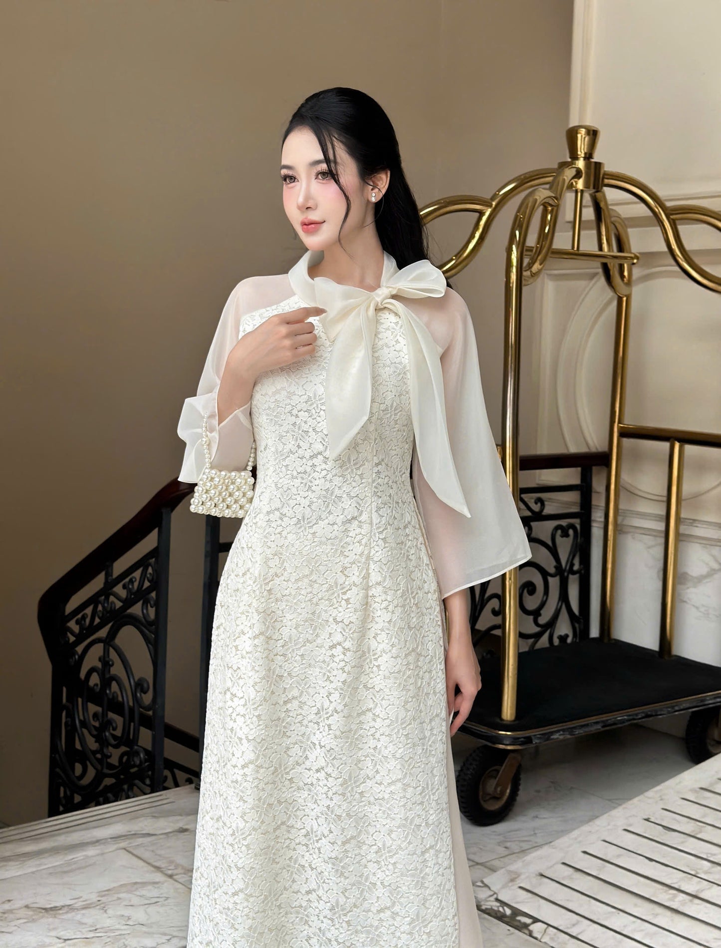 YEN CHI Ao Dai | Cream Floral embroidery Lace Ao Dai | Modern Vietnamese Ao Dai