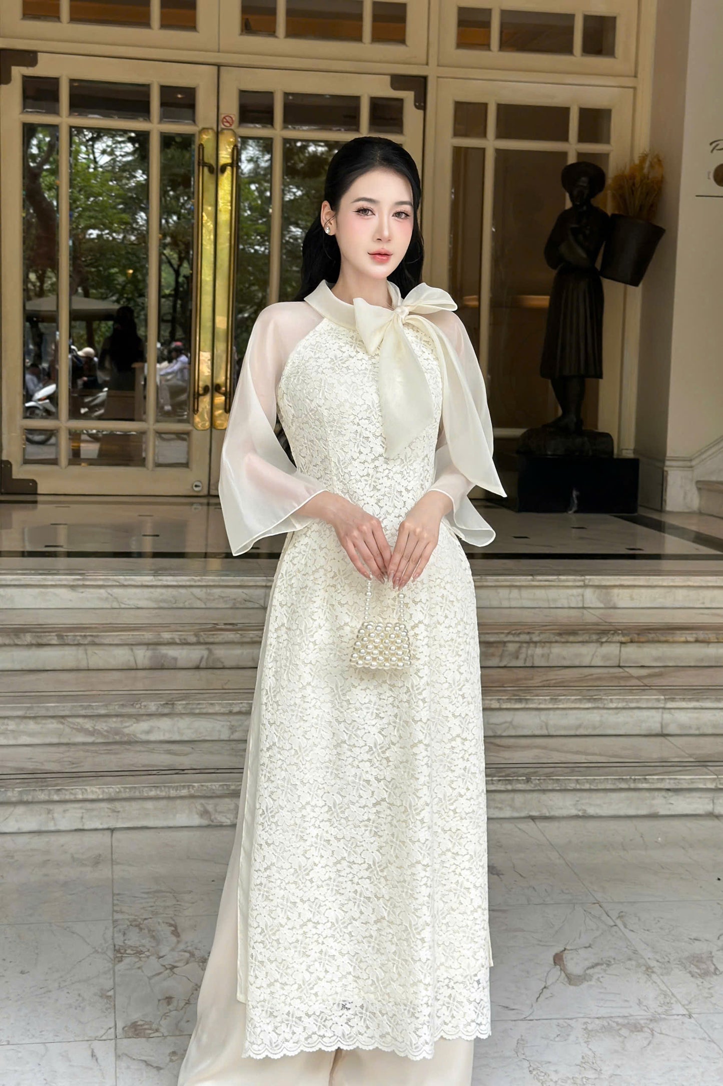 YEN CHI Ao Dai | Cream Floral embroidery Lace Ao Dai | Modern Vietnamese Ao Dai