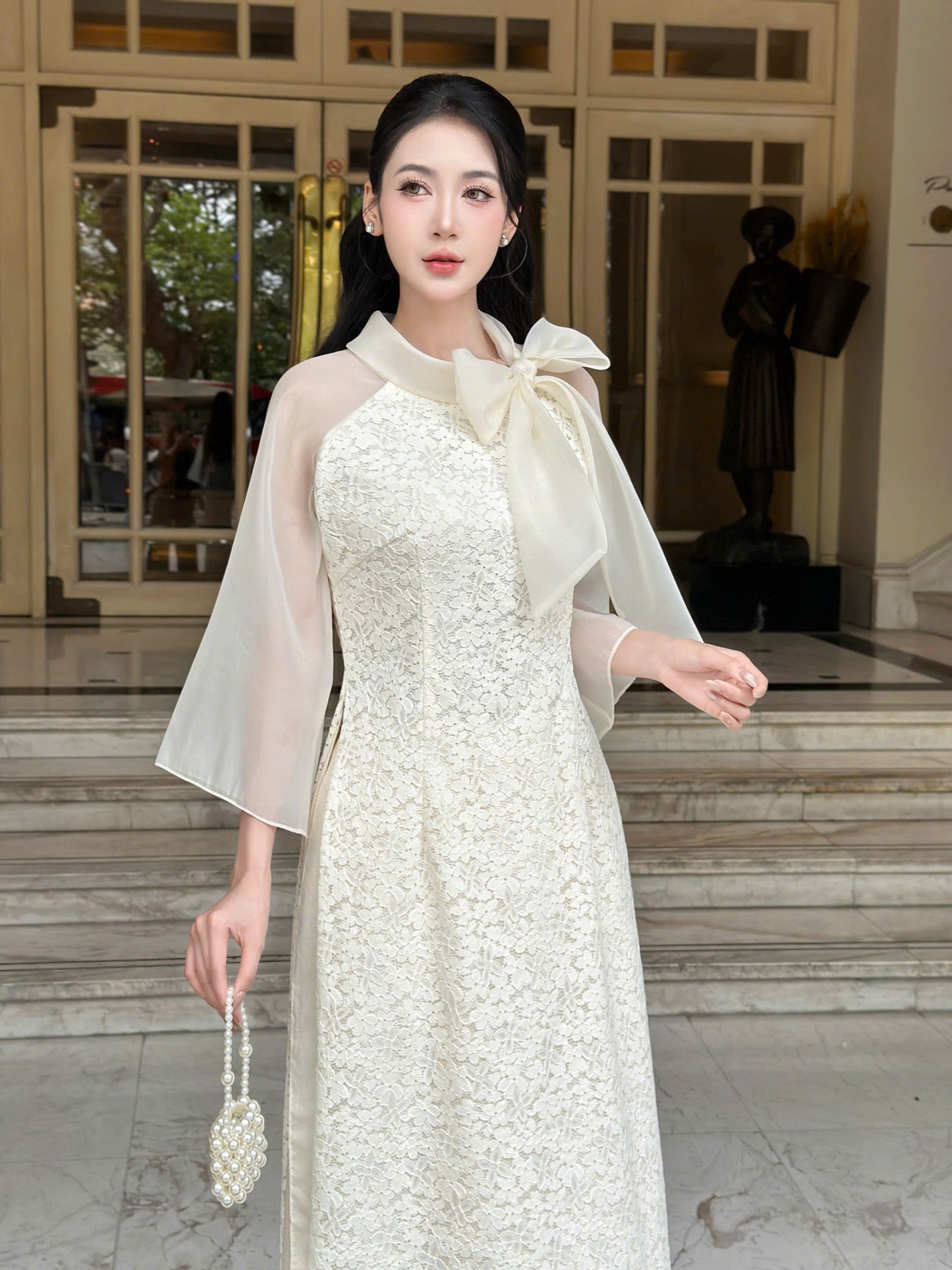 YEN CHI Ao Dai | Cream Floral embroidery Lace Ao Dai | Modern Vietnamese Ao Dai