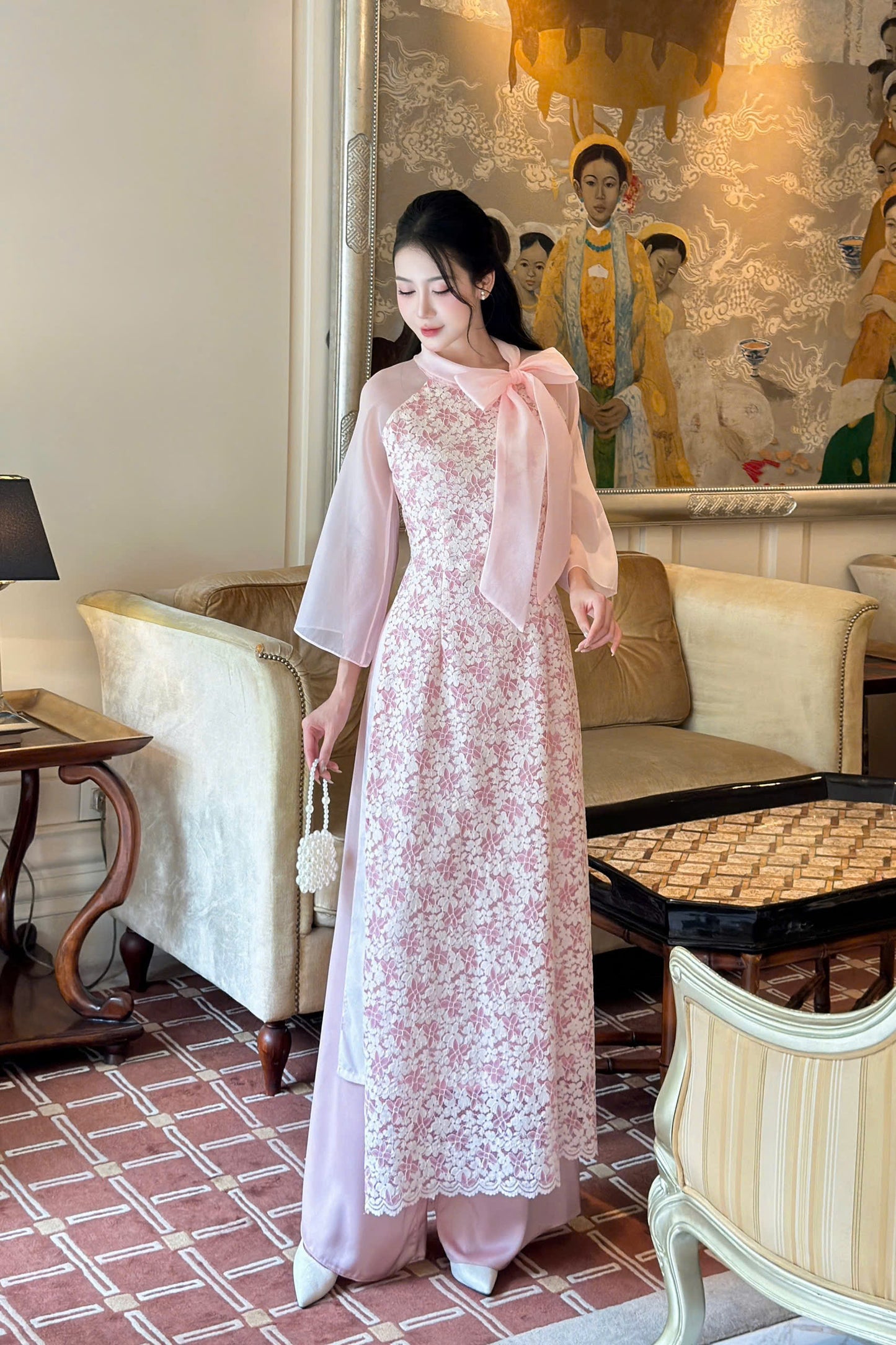 YEN CHI Ao Dai | Pink Floral embroidery Lace Ao Dai | Modern Vietnamese Ao Dai