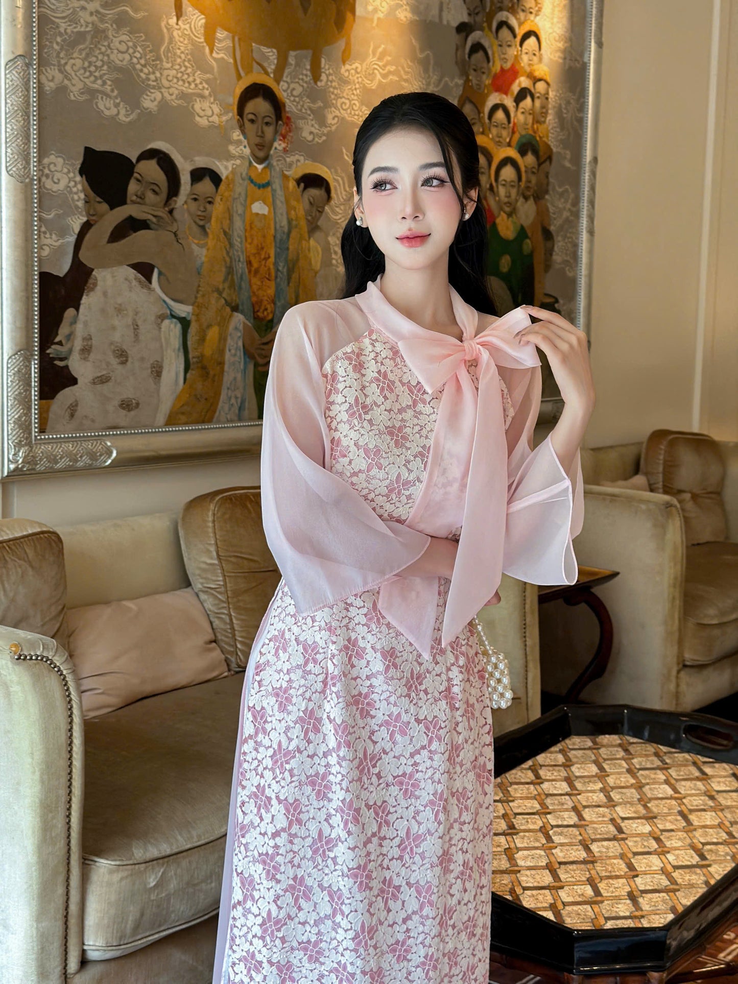 YEN CHI Ao Dai | Pink Floral embroidery Lace Ao Dai | Modern Vietnamese Ao Dai