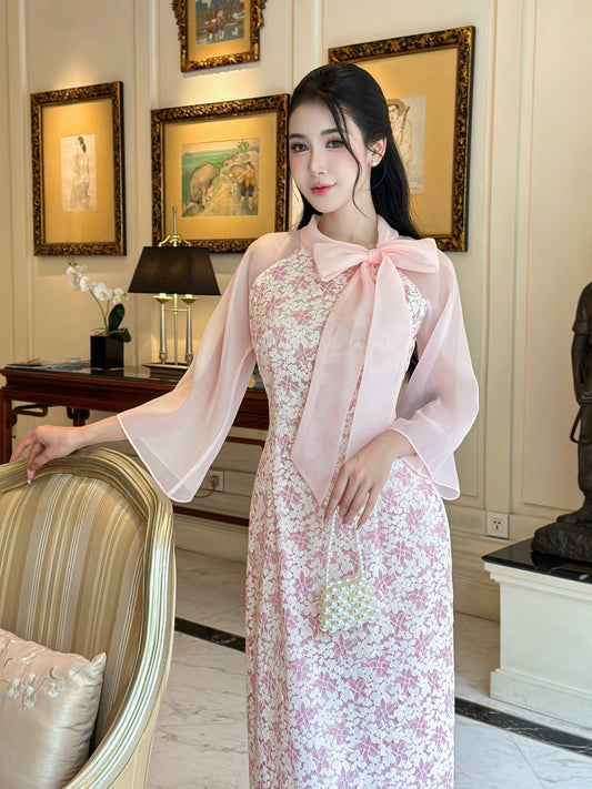 YEN CHI Ao Dai | Pink Floral embroidery Lace Ao Dai | Modern Vietnamese Ao Dai