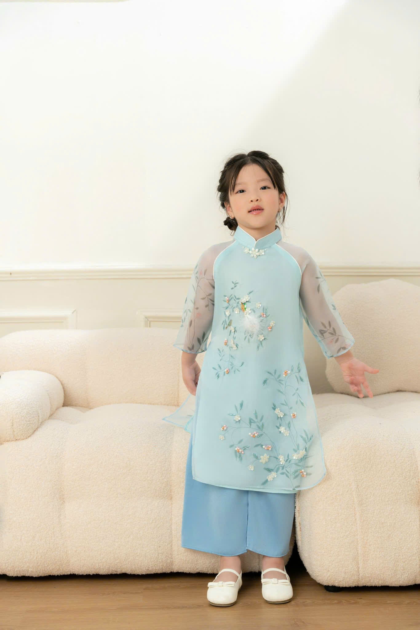 Blue Sparkl Modern Ao Dai Matching Mother Daughter | Áo Dài Đôi Mẹ và Bé Gái
