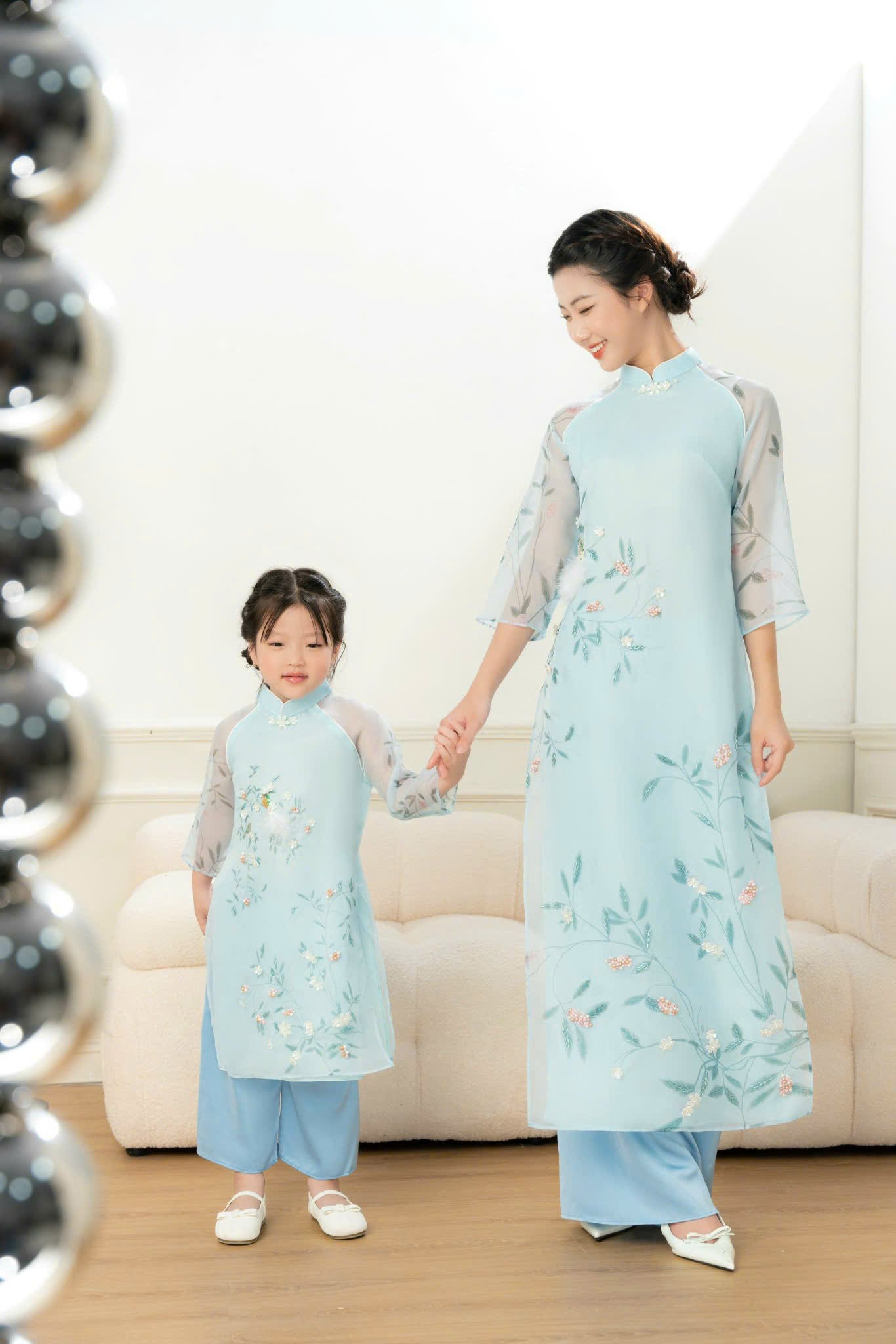 Blue Sparkl Modern Ao Dai Matching Mother Daughter | Áo Dài Đôi Mẹ và Bé Gái