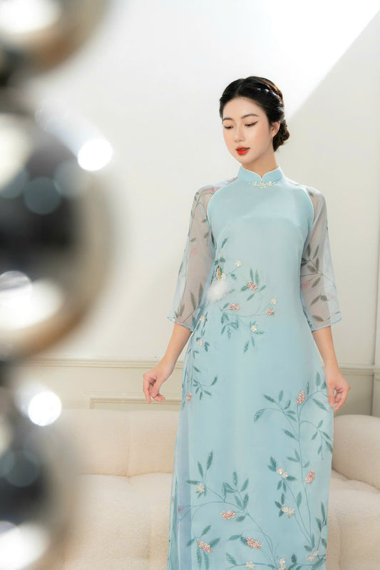 Blue Sparkl Modern Ao Dai Matching Mother Daughter | Áo Dài Đôi Mẹ và Bé Gái