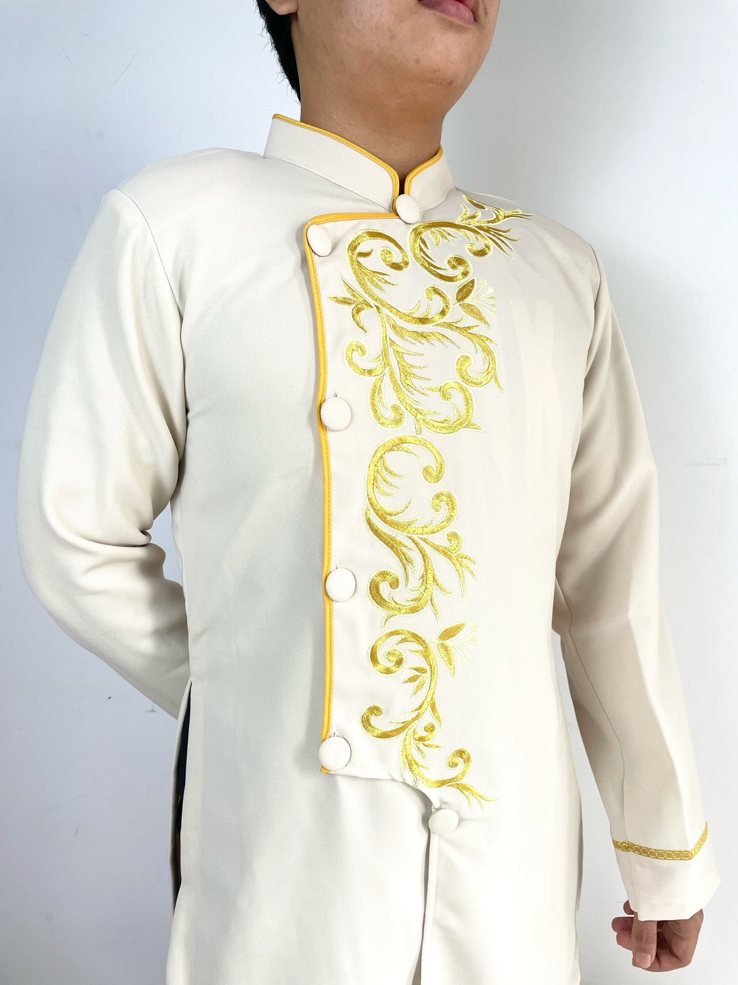 Cream Motif Embroidered Ao Dai For Men - Traditional Ao Dai Men Dress