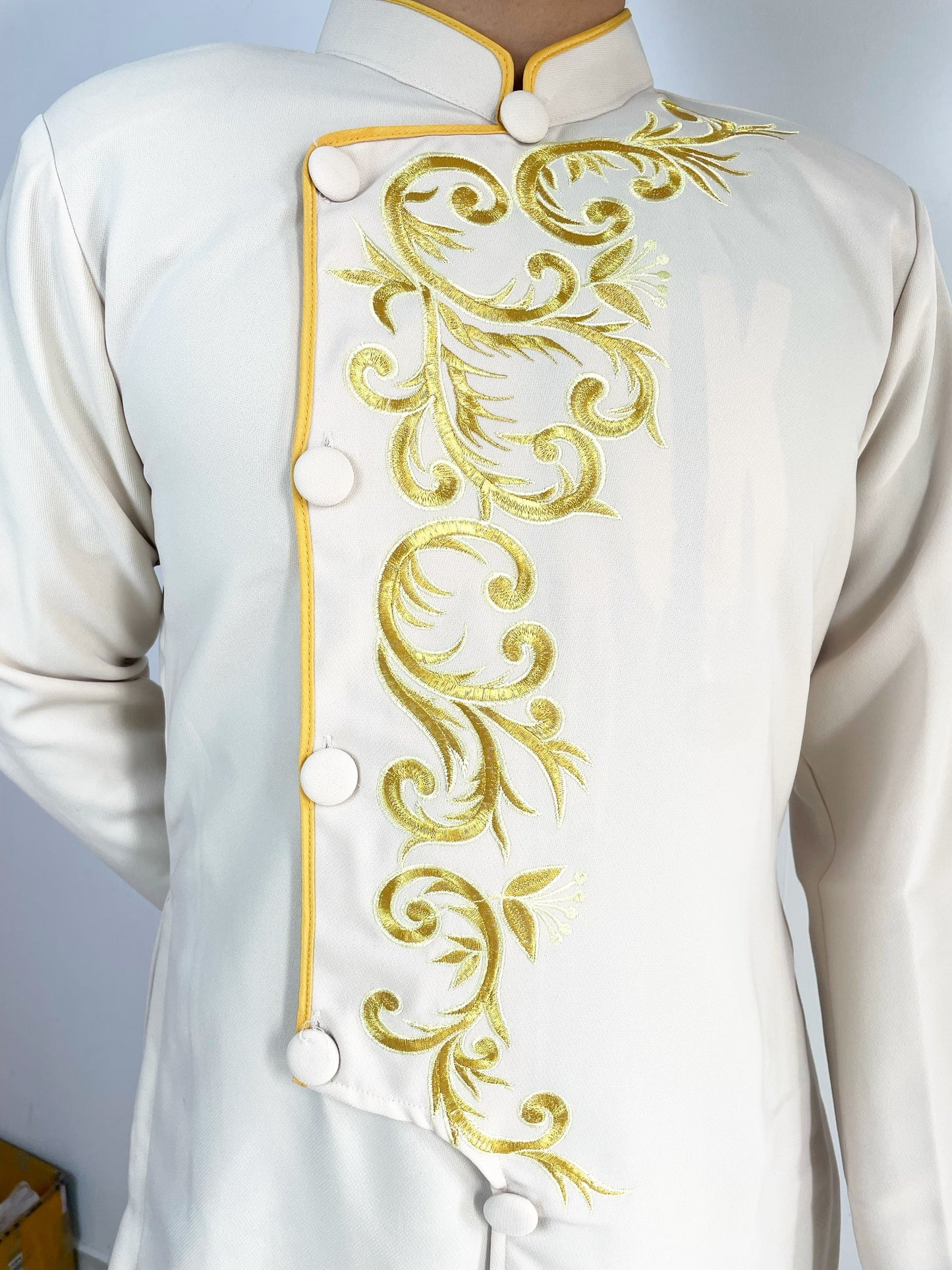 Cream Motif Embroidered Ao Dai For Men - Traditional Ao Dai Men Dress