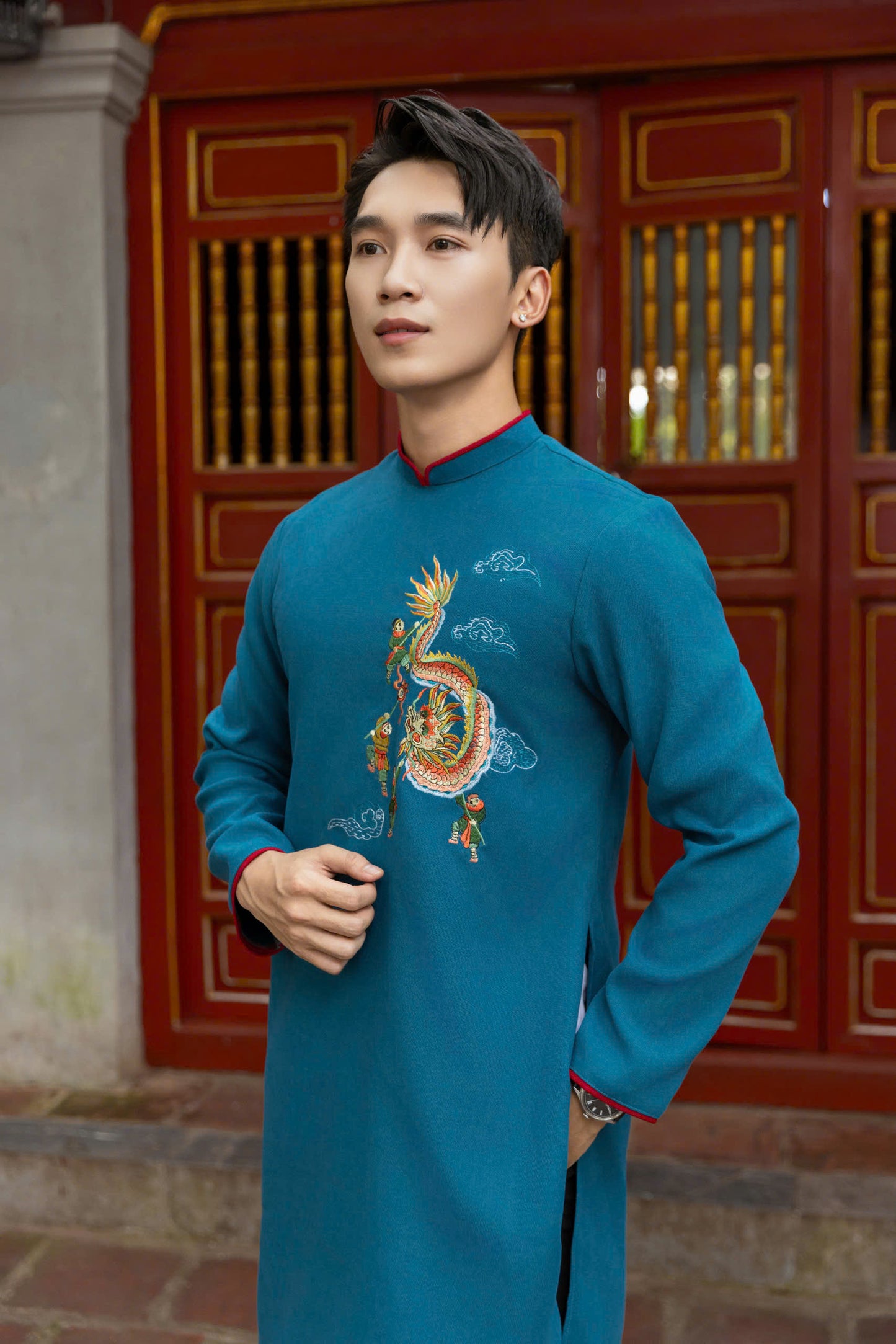 Blue Dragon Pattern Ao Dai Men- Traditional Ao Dai Men