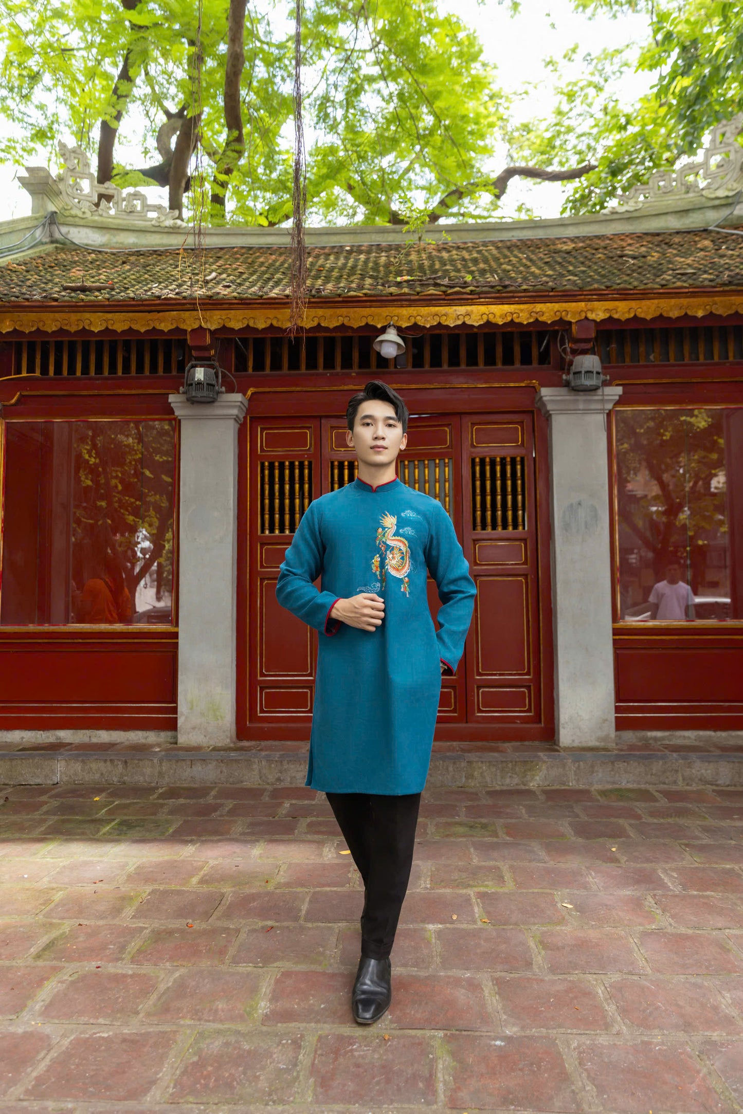 Blue Dragon Pattern Ao Dai Men- Traditional Ao Dai Men