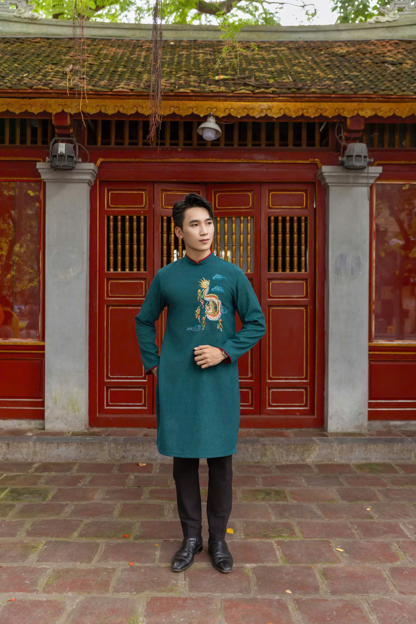 Dark Green Dragon Pattern Ao Dai Men- Traditional Ao Dai Men