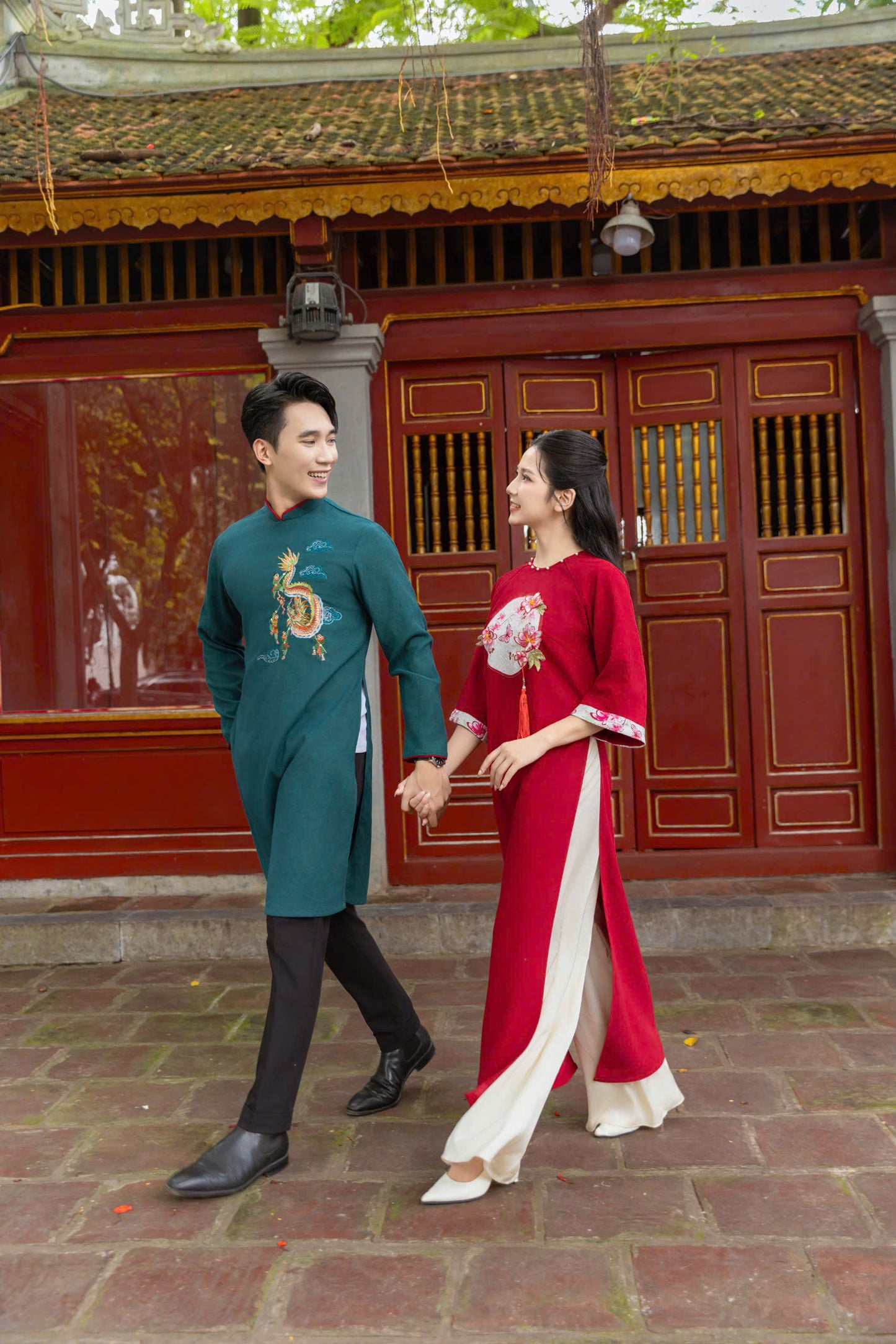 Dark Green Dragon Pattern Ao Dai Men- Traditional Ao Dai Men
