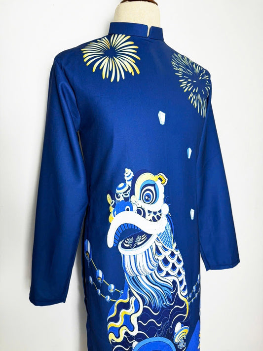 Men's Ao Dai - Blue Lân Printed Ao Dai | Modern Ao Dai Men