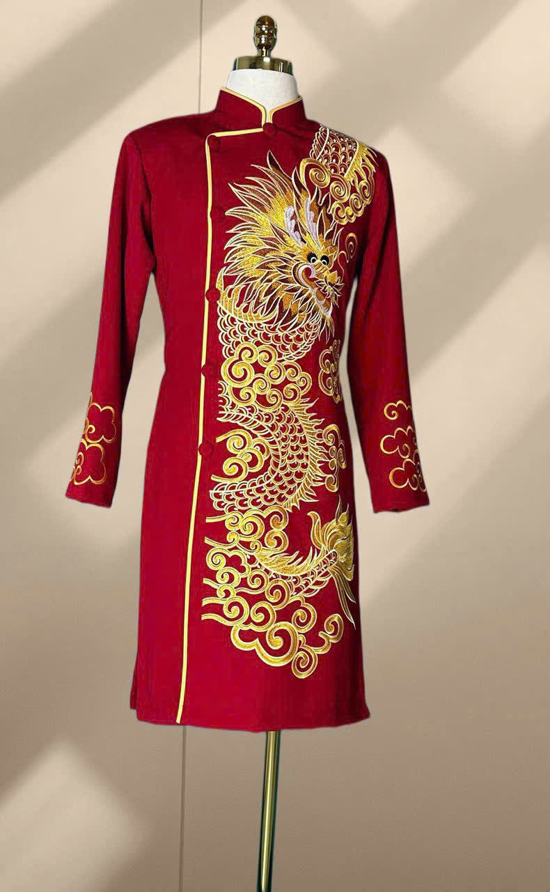 Golden Dragon Embroidered Ao Dai Men - Vietnamese Long Dress For Men