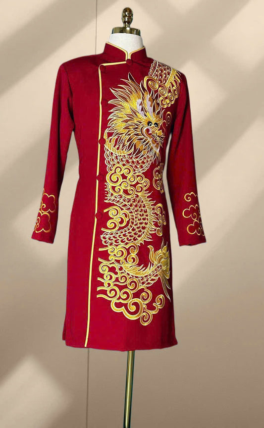 Golden Dragon Embroidered Ao Dai Men - Vietnamese Long Dress For Men