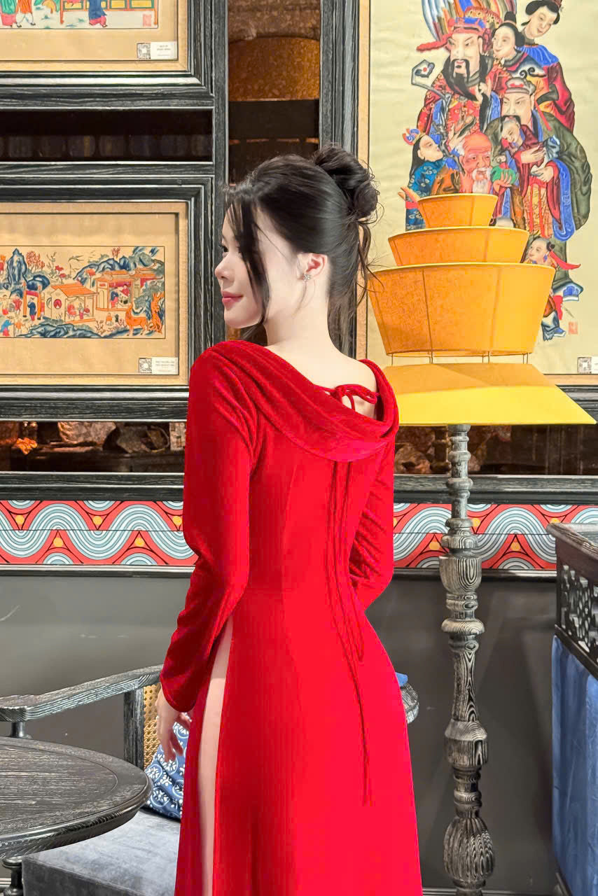 Red Velvet Ao Dai Designed 3D Floral - Ao Dai Dresses | Modern Ao Dai For Women