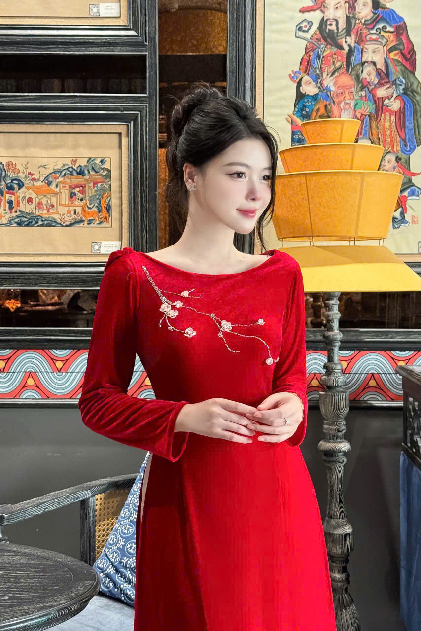 Red Velvet Ao Dai Designed 3D Floral - Ao Dai Dresses | Modern Ao Dai For Women
