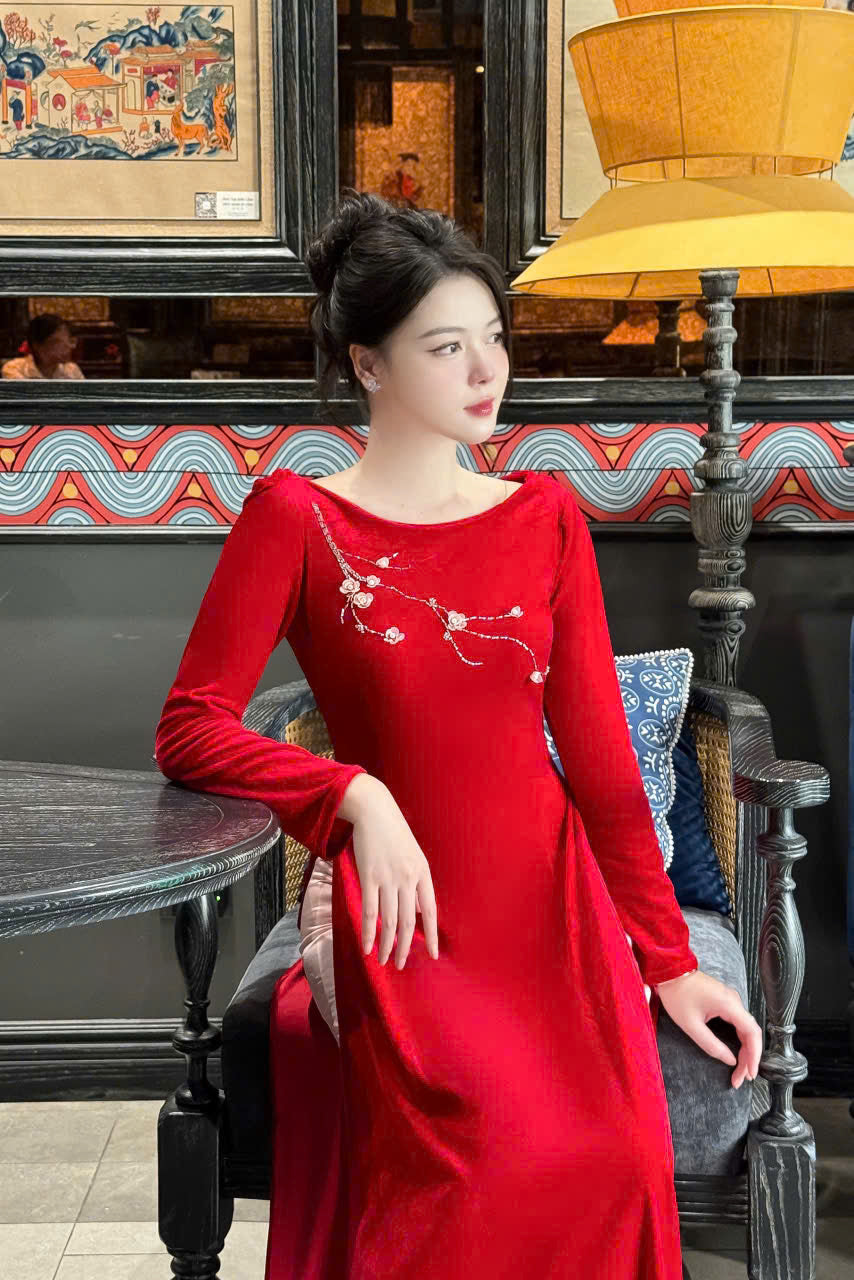 Red Velvet Ao Dai Designed 3D Floral - Ao Dai Dresses | Modern Ao Dai For Women