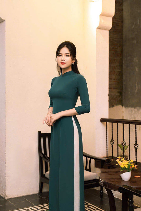 Plain Silk Ao Dai Dress - Áo Dài Tay lỡ xanh rêu | Áo Dài Truyền Thống | Women Ao Dai