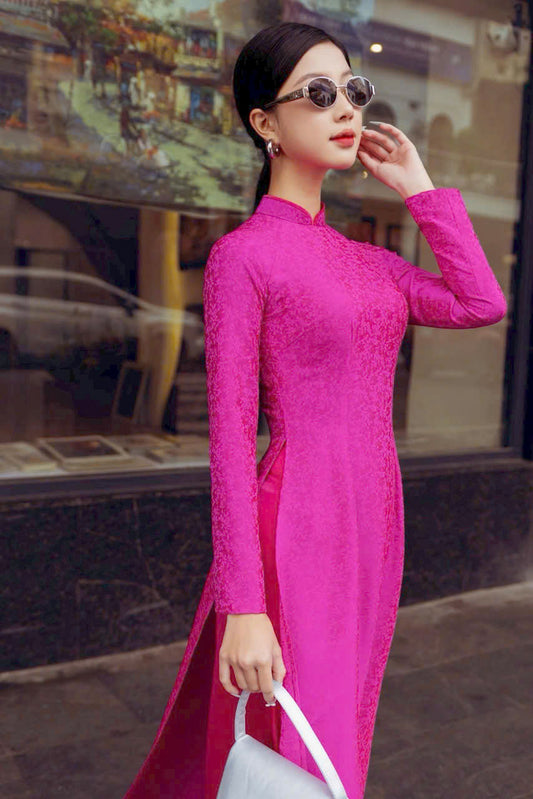 TRINA Pre-made hot pink Gam Ao Dai For Women | Vietnamese Long Dress