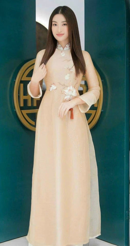 LAVIA Beige Traditional Vietnamese Dress | Áo Dài Truyền Thống