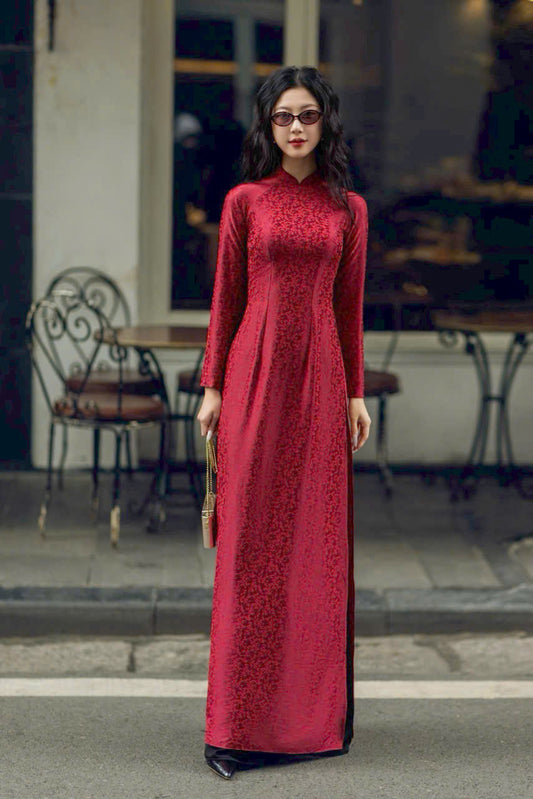 OLIVIA Pre-made Red Vietnamese Ao Dai | Mini Floral gấm ao dai