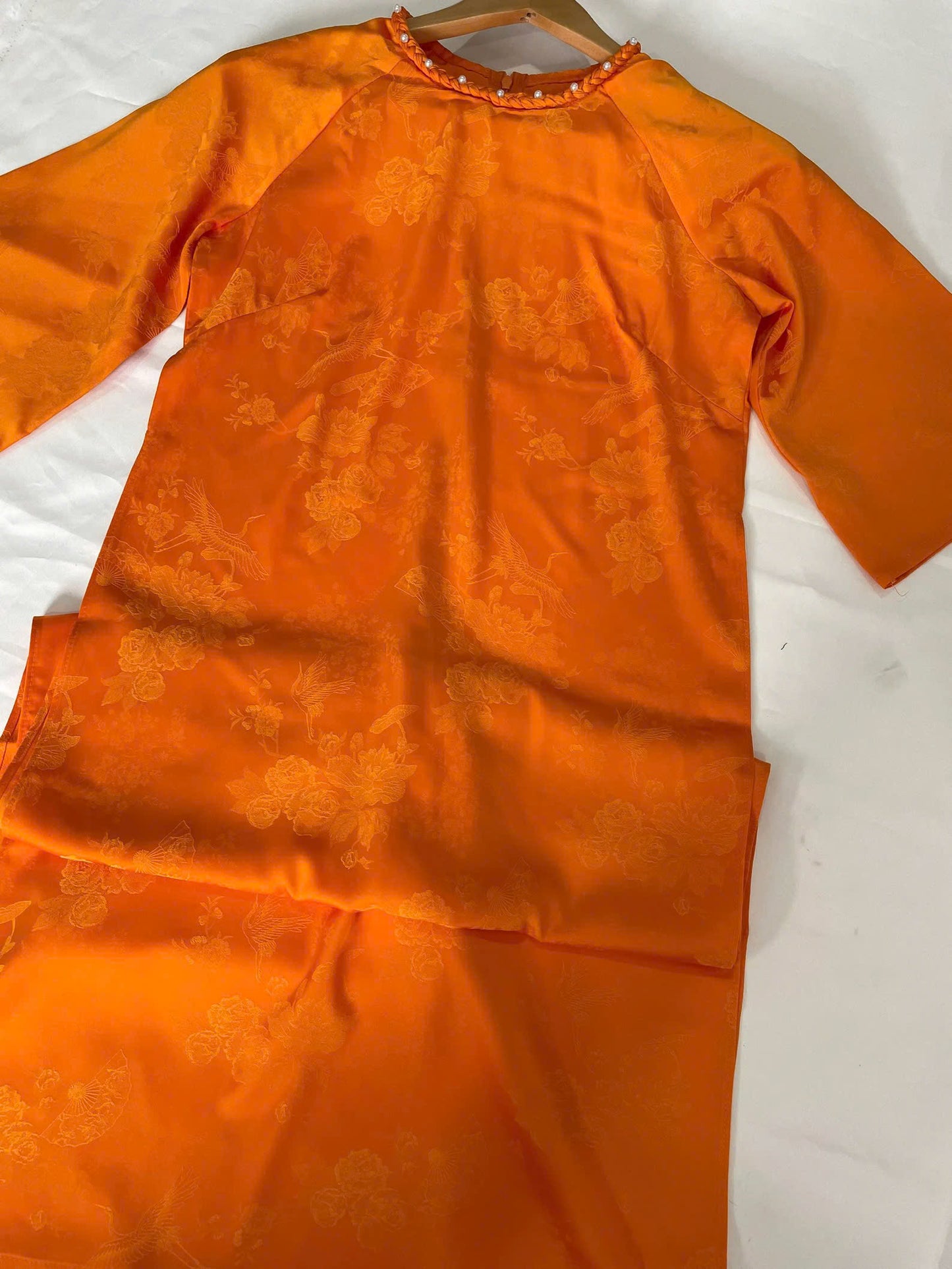 Orange Silk w Tie Round Neck Ao Dai | Jacquard Modern Ao Dai Set