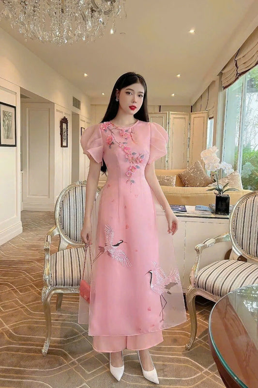 OANH Cranes Sparkle Modern Ao Dai Set | Pink Ao Dai For Events