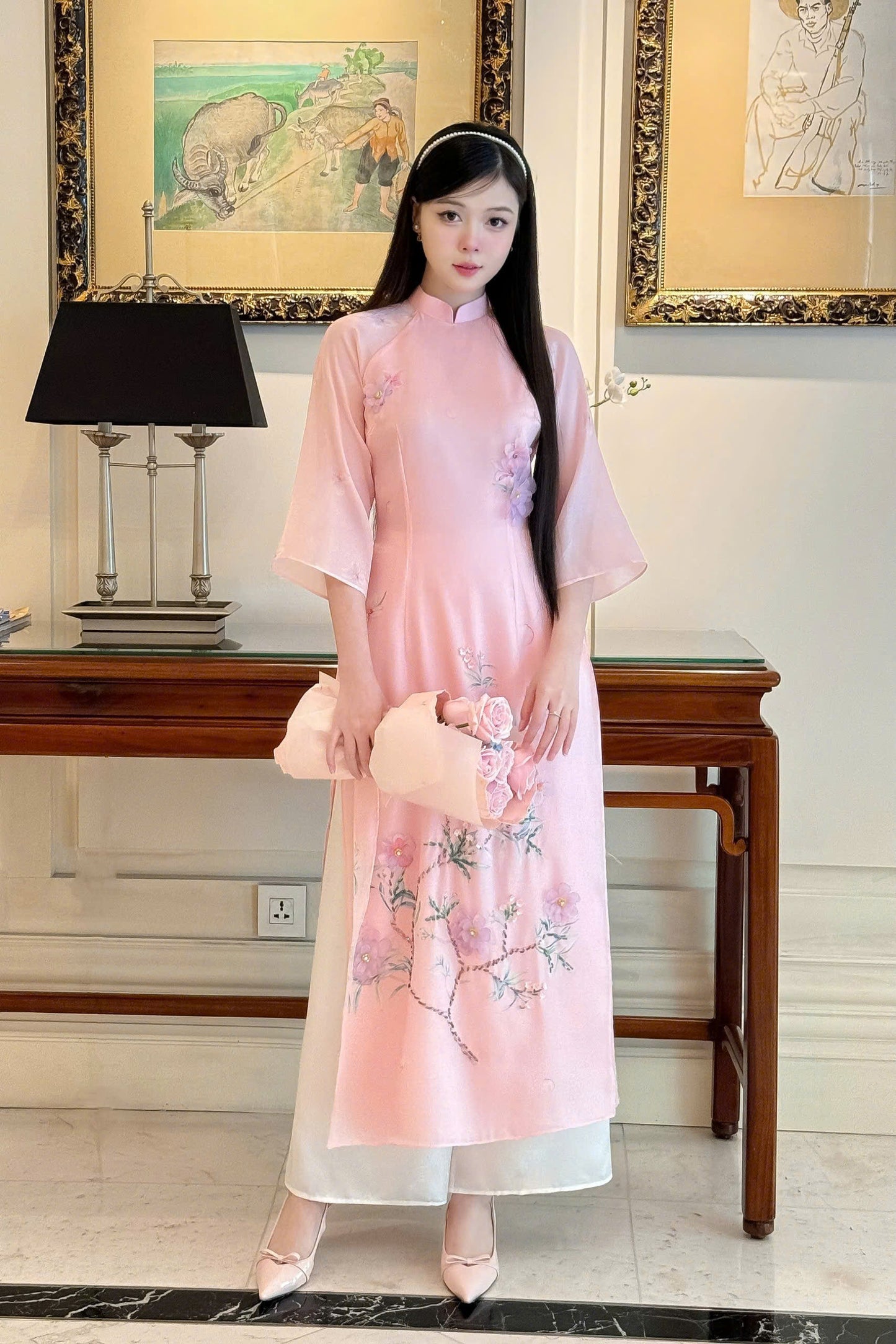 Pink Beaded Floral Ao Dai Modern - Áo Dài Cách Tân