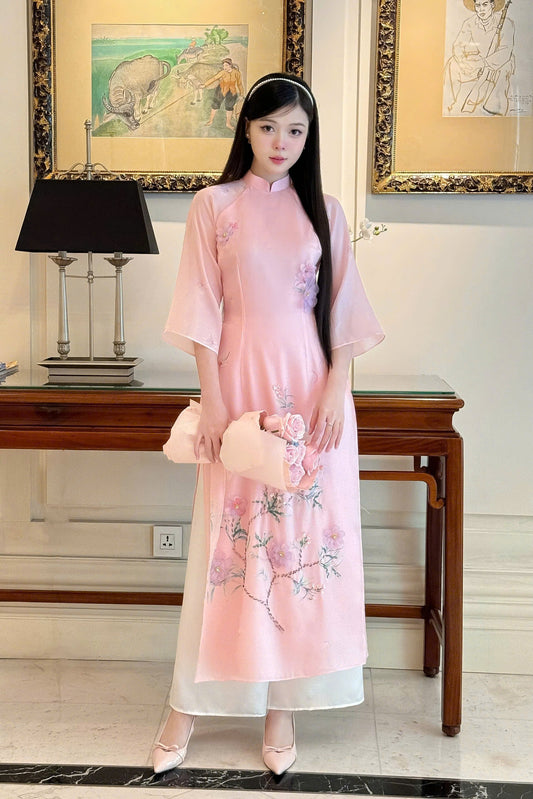 Pink Beaded Floral Ao Dai Modern - Áo Dài Cách Tân