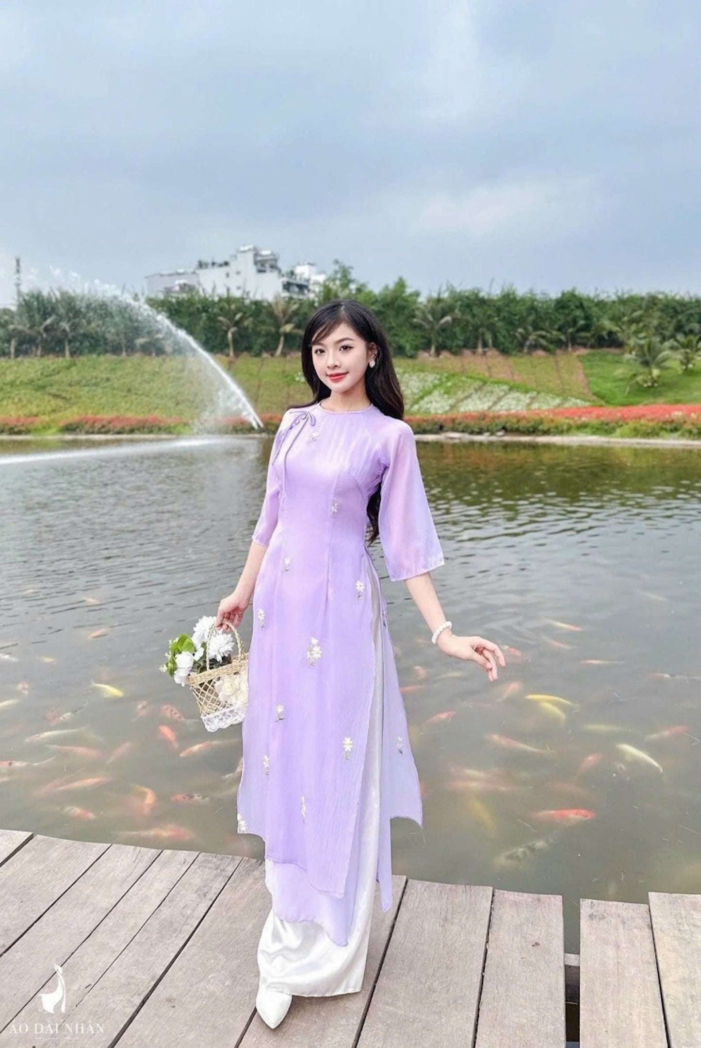 Modern Purple Double Layer Ao Dai Set | Floral Embroidery Ao Dai Set