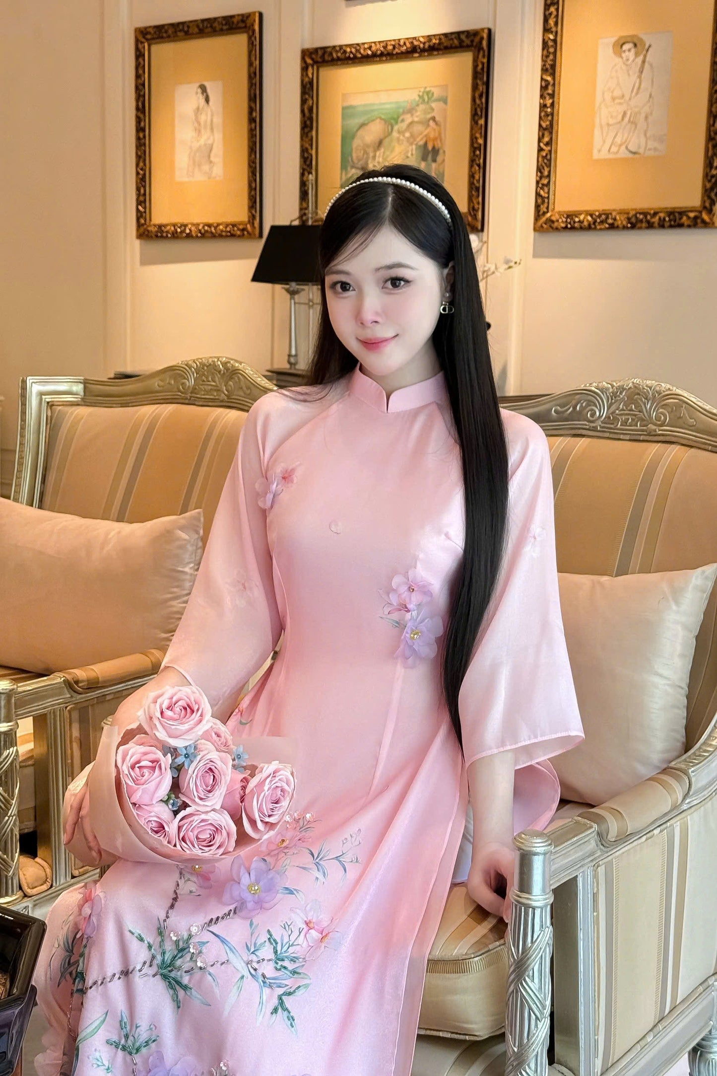 Pink Beaded Floral Ao Dai Modern - Áo Dài Cách Tân