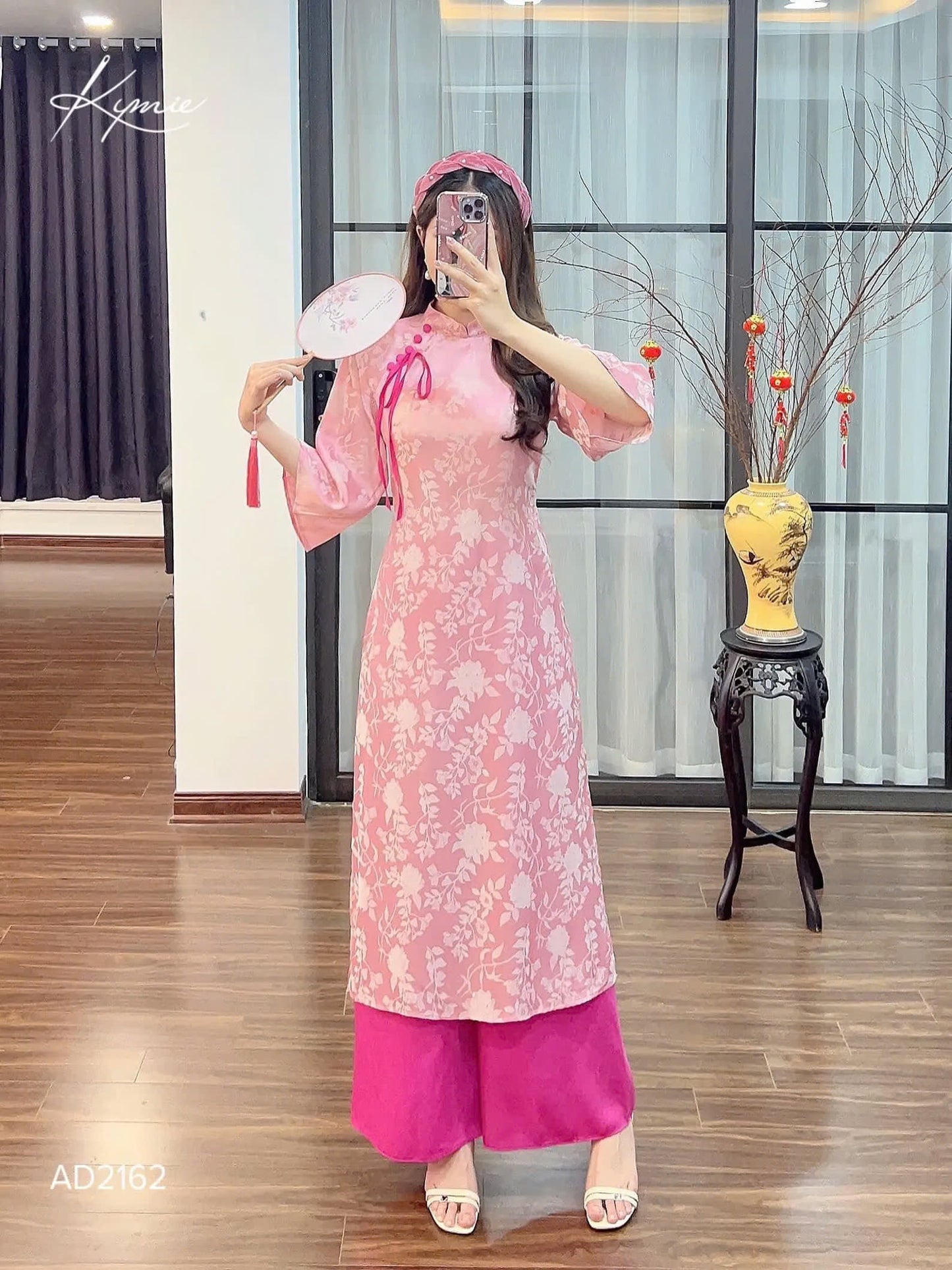 Bridesmaid Ao Dai Dress | Pink Tie Bow Silk Ao Dai Set