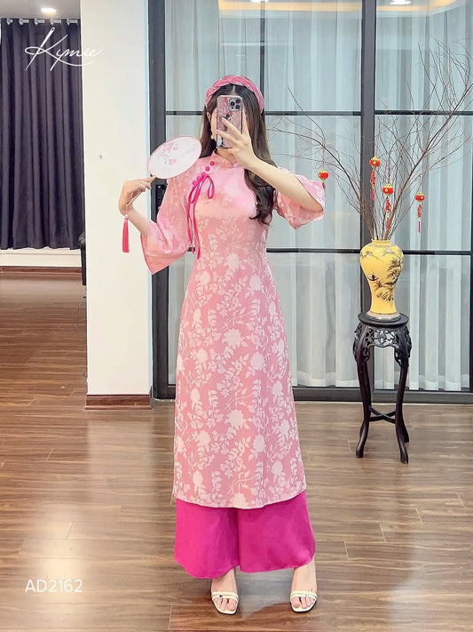 Bridesmaid Ao Dai Dress | Pink Tie Bow Silk Ao Dai Set