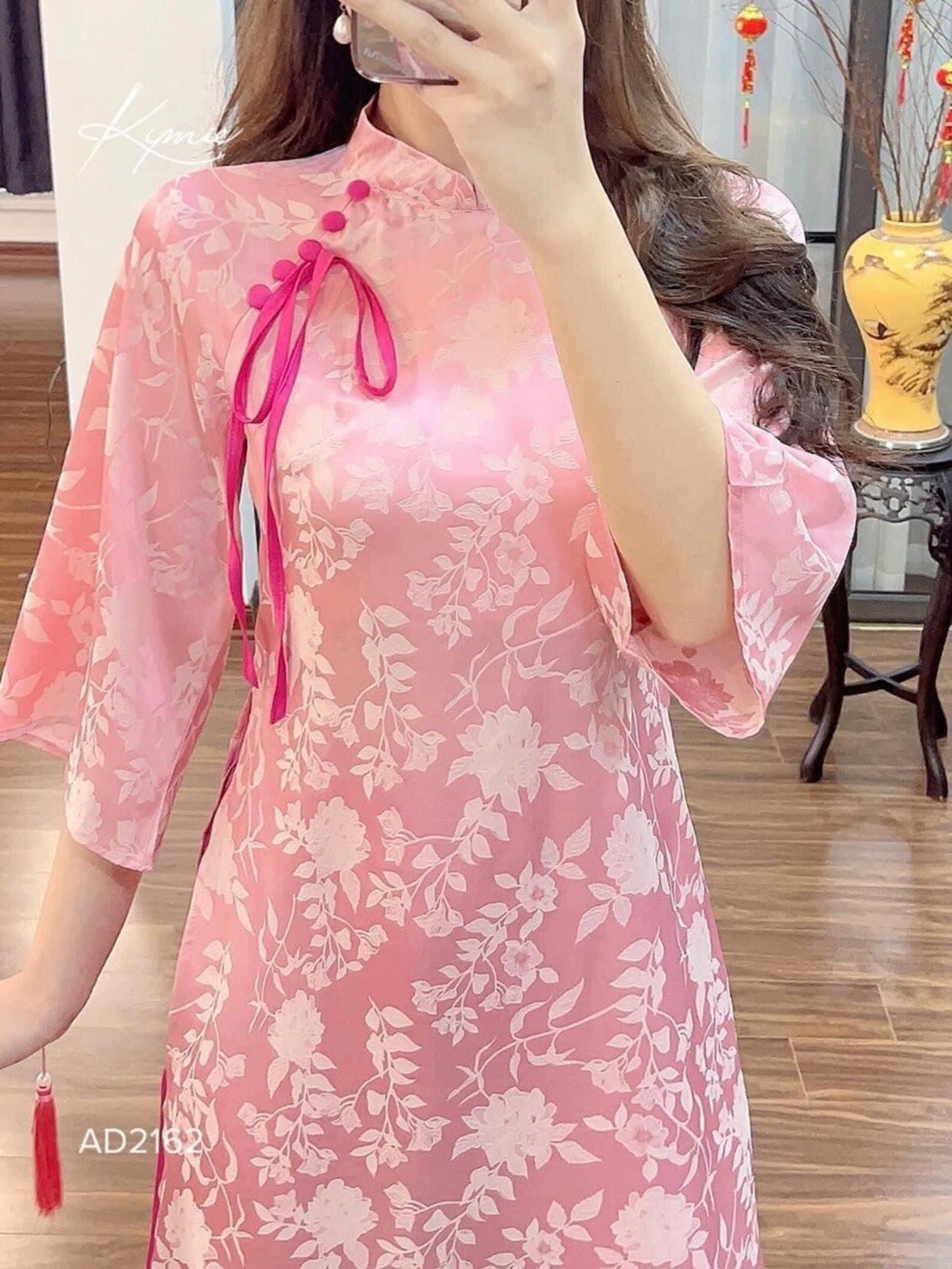 Bridesmaid Ao Dai Dress | Pink Tie Bow Silk Ao Dai Set
