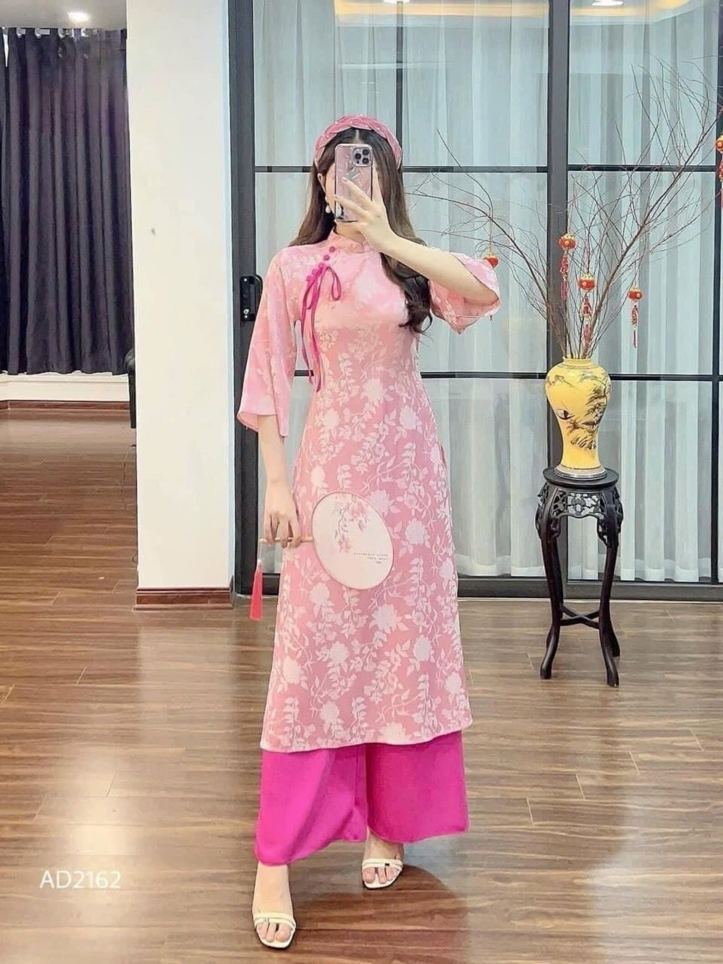 Bridesmaid Ao Dai Dress | Pink Tie Bow Silk Ao Dai Set