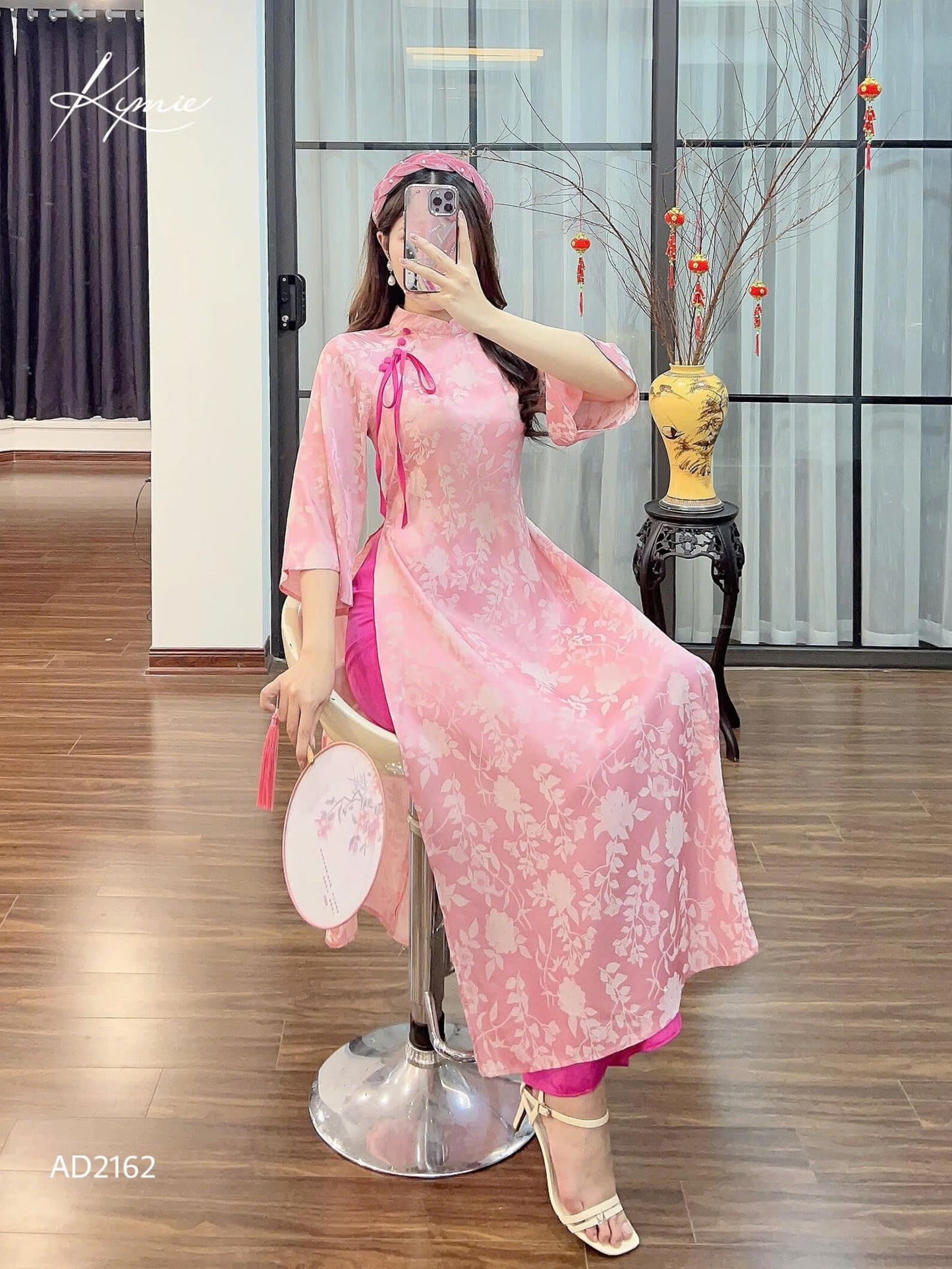 Bridesmaid Ao Dai Dress | Pink Tie Bow Silk Ao Dai Set