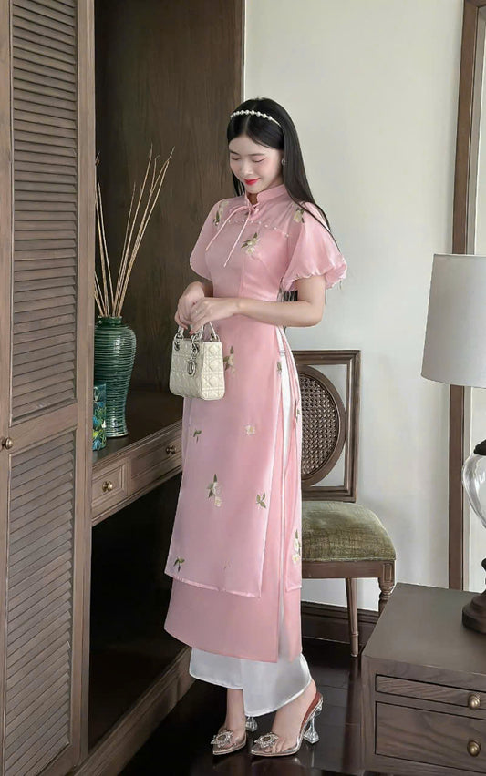 Pink Puffy Sleeves Floral Ao Dai For Women - Modern Ao Dai Set