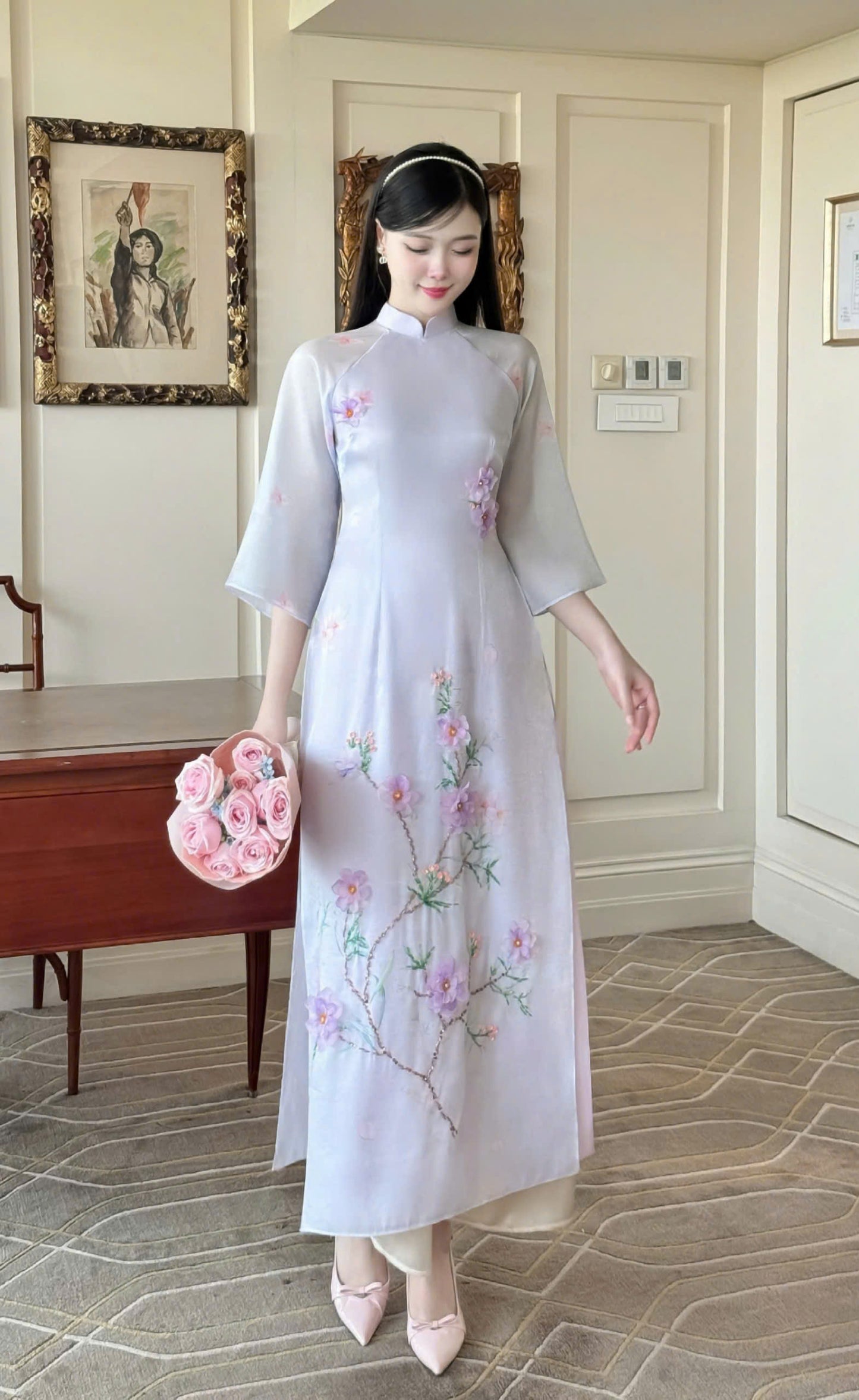 Purple Floral Ao Dai Modern - Áo Dài Cách Tân