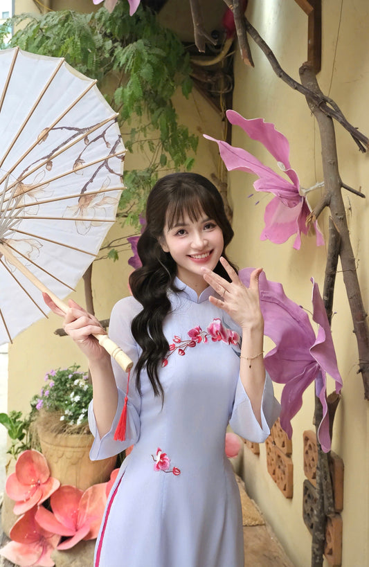 Lam Anh Ao Dai | Purple Floral Embroidered Ao Dai Set