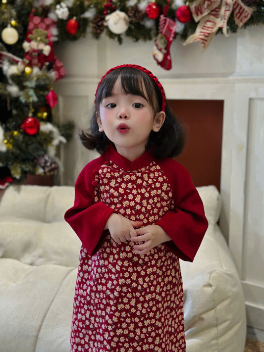 Girls Dress Ao Dai - Red Velvet Ao Dai For Daughter | Áo Dài Tết 2026