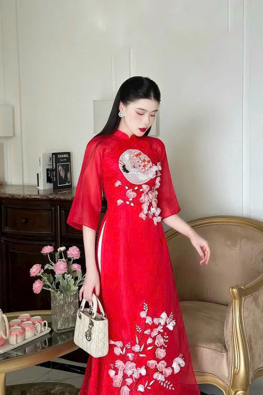 MI Red Blossom Floral Ao Dai Modern With Wide Sleeves - Áo Dài Cách Tân