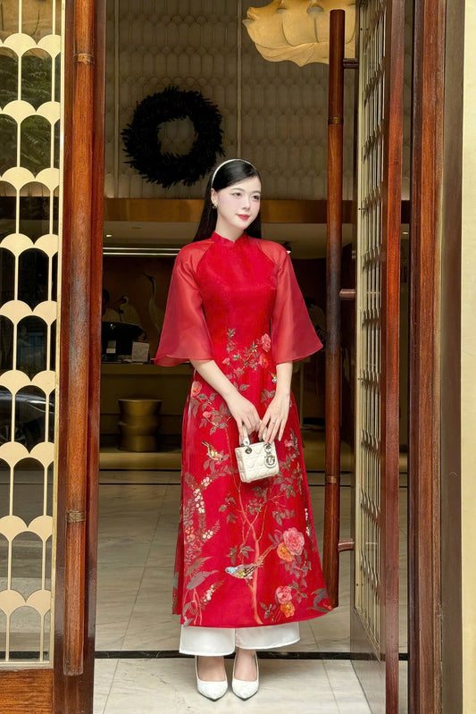 Red Sparkle Birds Ao Dai | Modern Ao Dai For Women