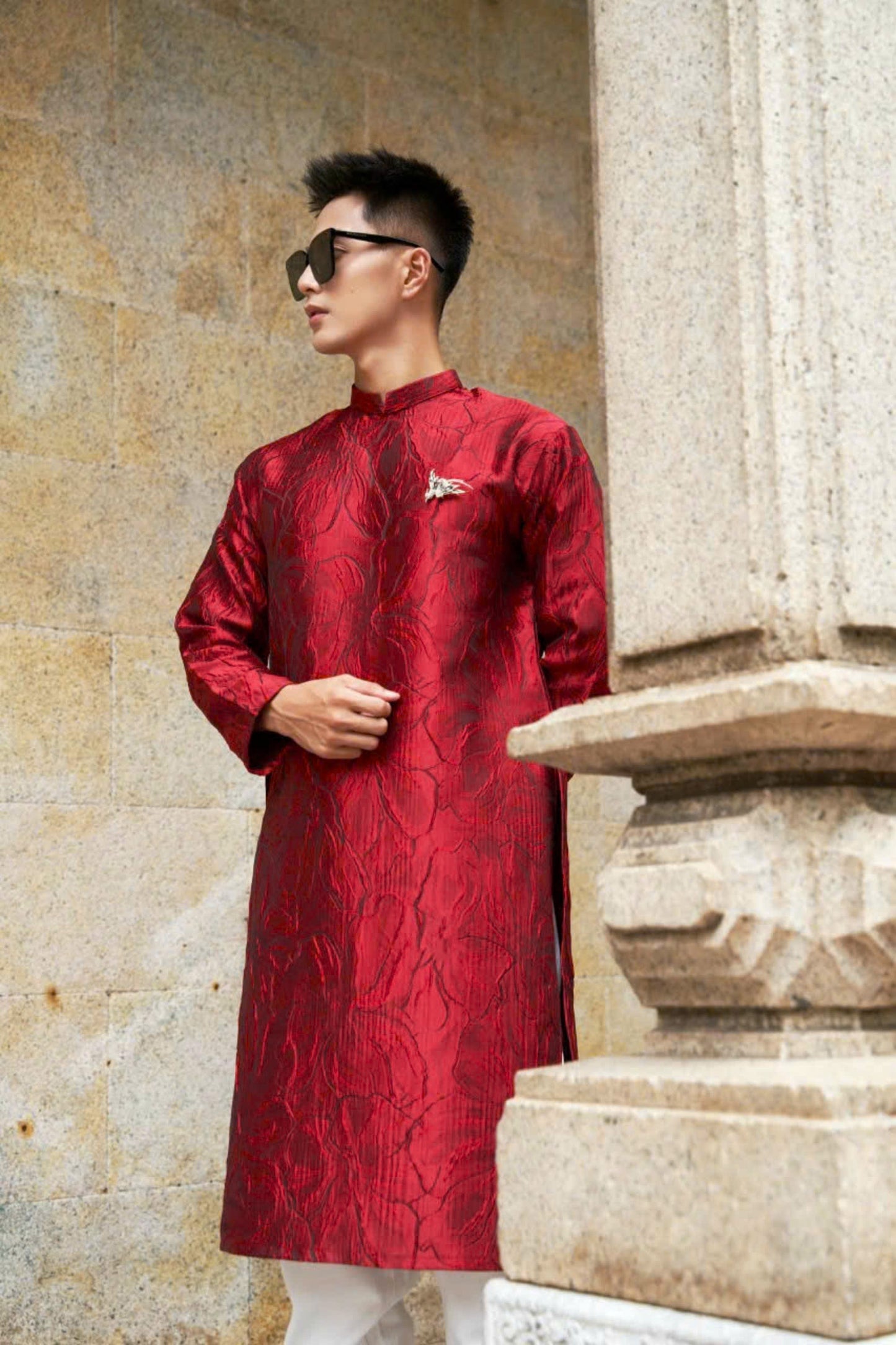 Lily Floral Motif Ao Dai For Men - Red Modern Ao Dai Men