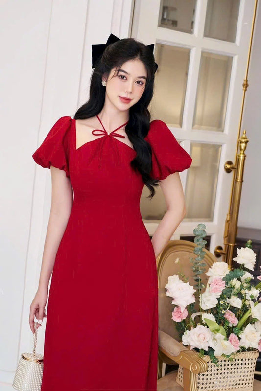 HALIUS Red Puffy Sleeves Ao Dai - Vietnamese women dress